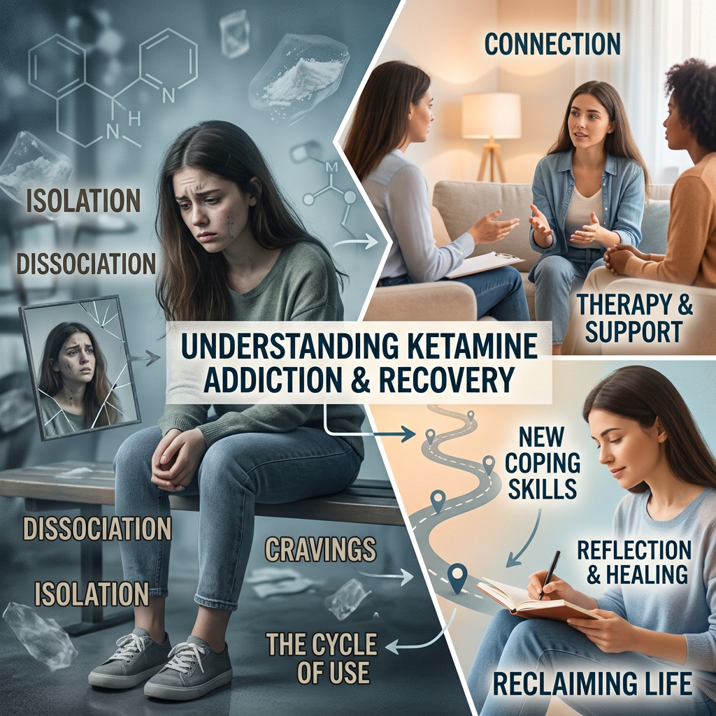 Woman struggling with ketamine addiction, showing isolation and cravings, alongside therapy and coping strategies for recovery