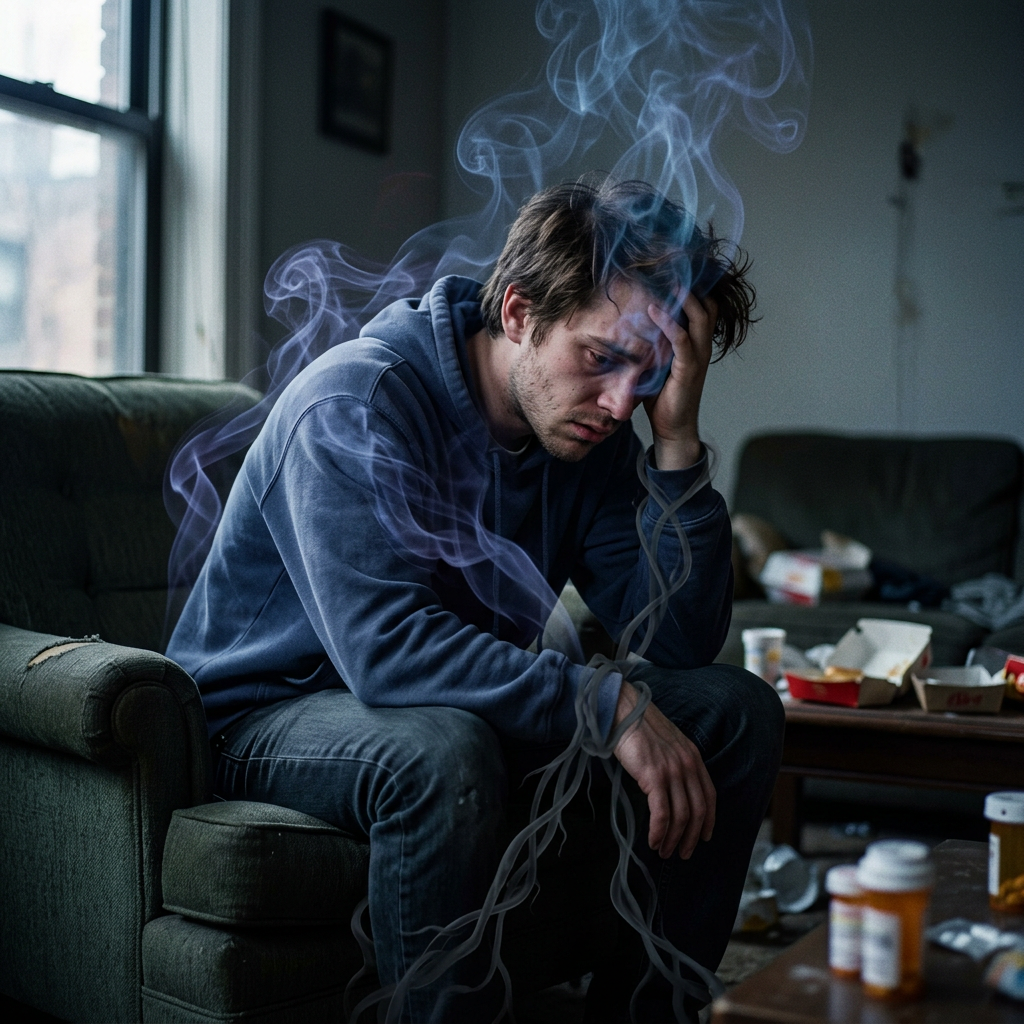 A young man in a blue hoodie sitting on a green sofa with smoke around him, looking distressed with medicine bottles and food containers nearby.