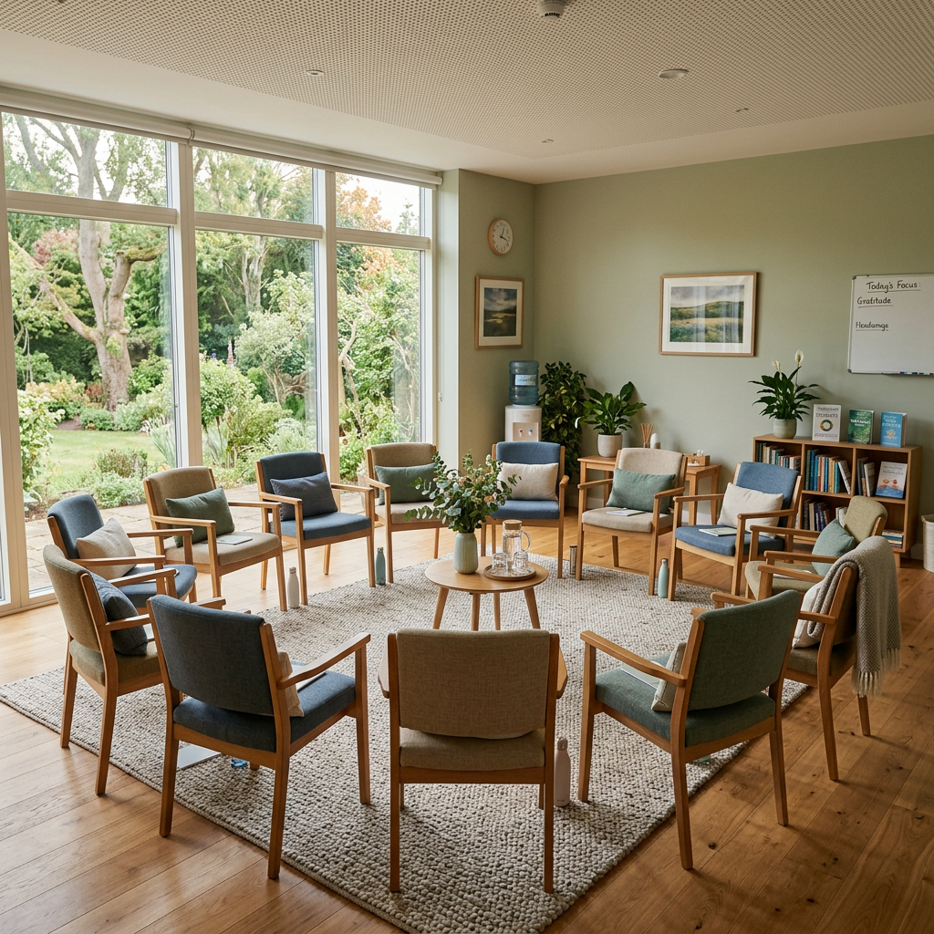 Circle of wooden chairs with cushions arranged in a sunny therapy room with plants and books