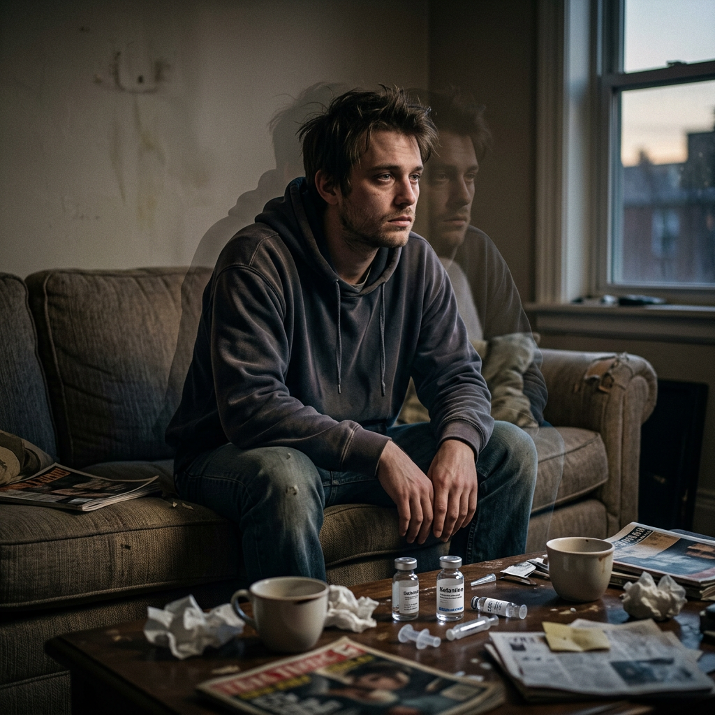 Man sitting on a couch looking distressed with drug vials and syringes on table Is Ketamine an opioid? 