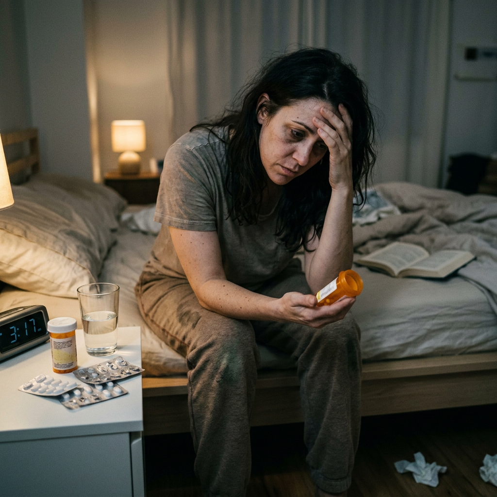 Worried woman sitting on bed late at night holding a pill bottle with medicine on bedside table