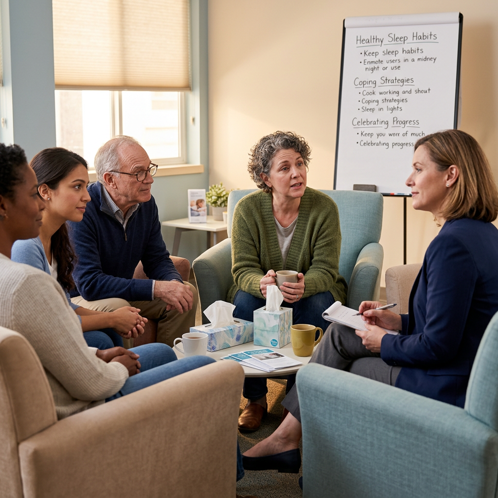Group therapy session with people discussing healthy sleep habits and coping strategies