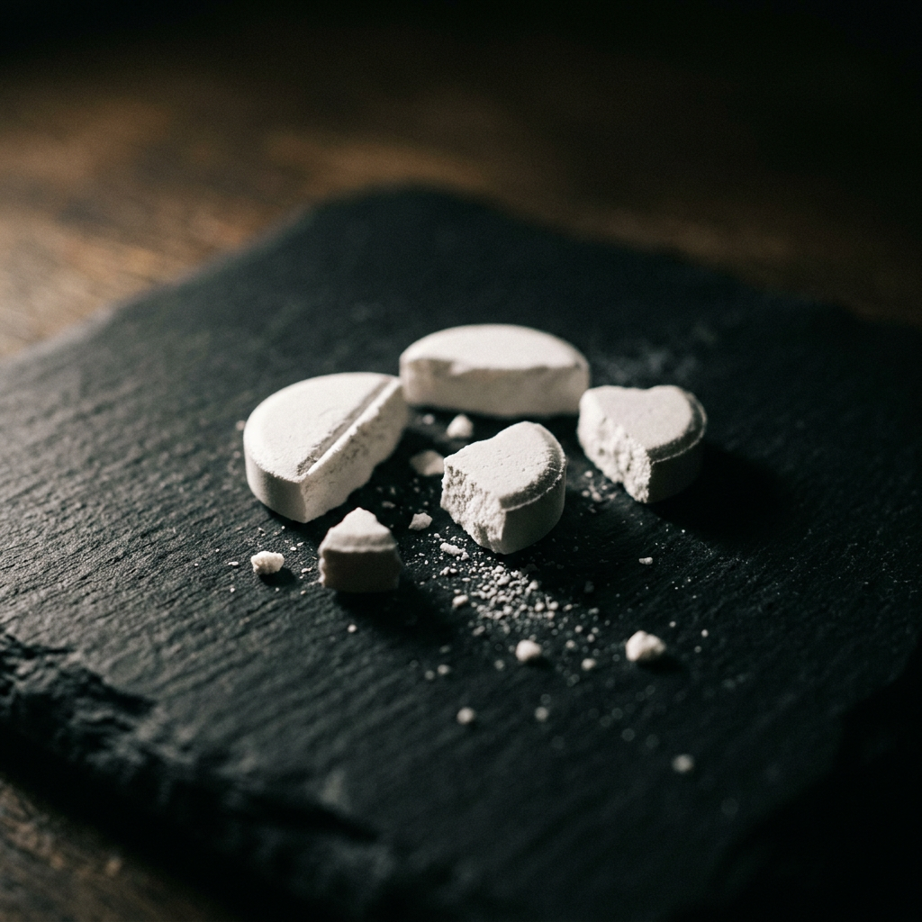 White tablets broken into pieces on a black slate slab
