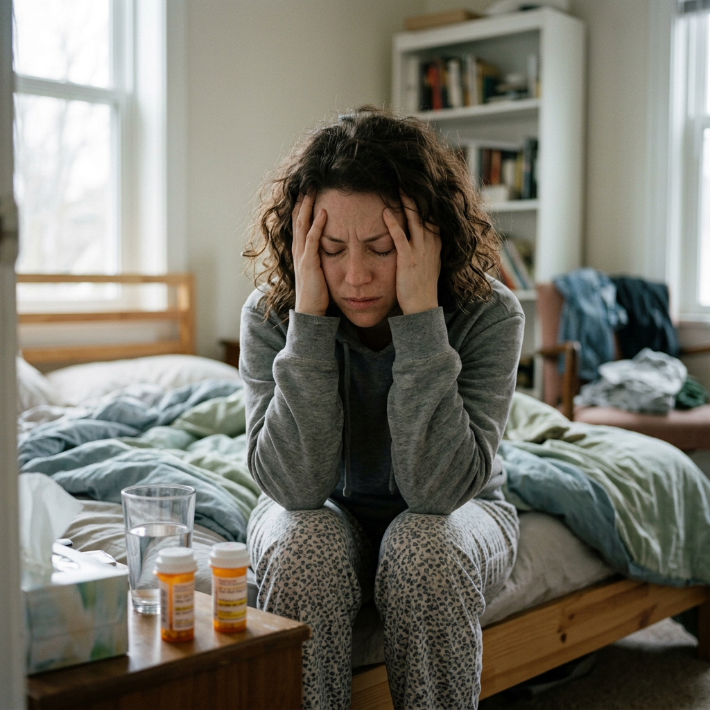 Woman sitting on bed holding her head, looking unwell with medication bottles on the bedside table