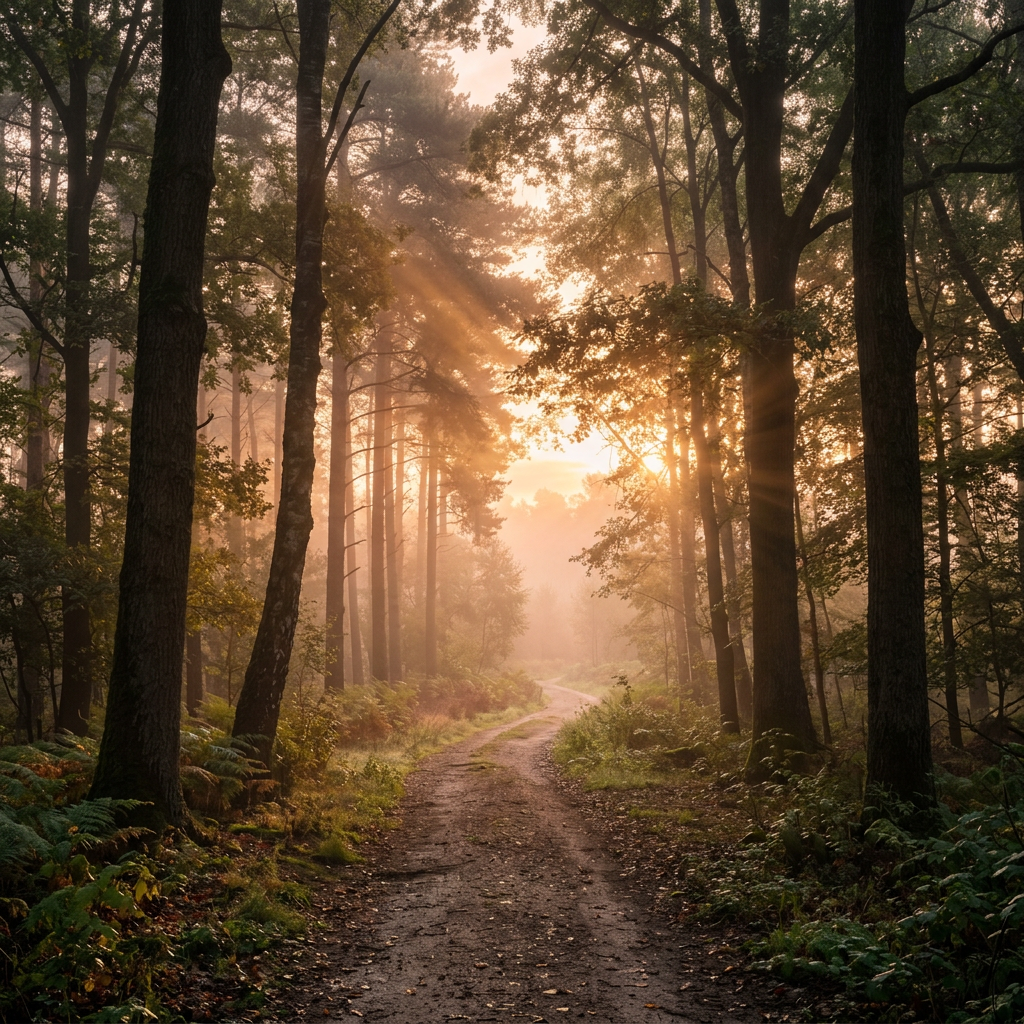Forest path with trees and sunlight streaming through branches