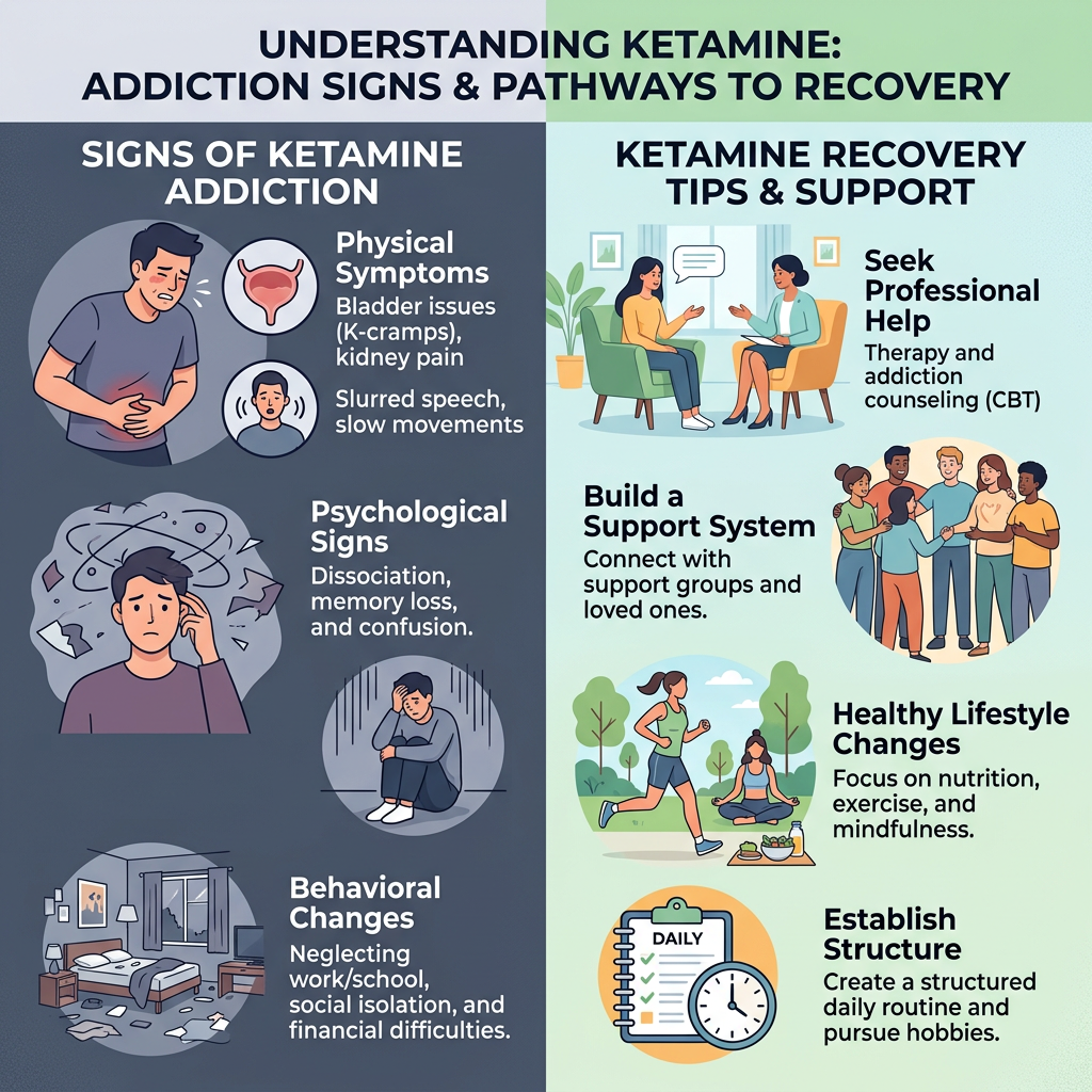 Infographic showing signs of ketamine addiction and recovery tips including physical symptoms, psychological signs, behavioral changes, and support strategies.