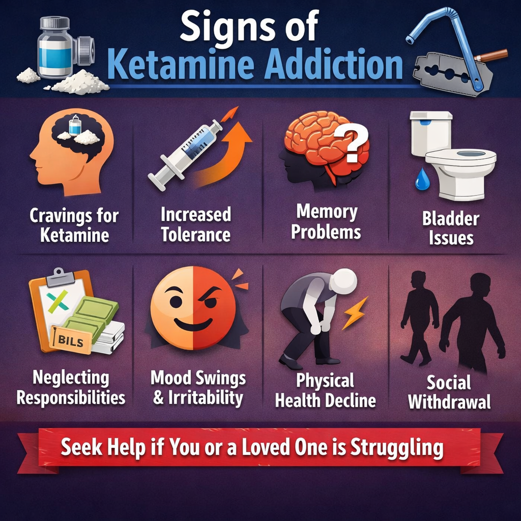 Signs of ketamine addiction including cravings, tolerance, memory problems, bladder issues, neglecting responsibilities, mood swings, physical health decline, and social withdrawal.