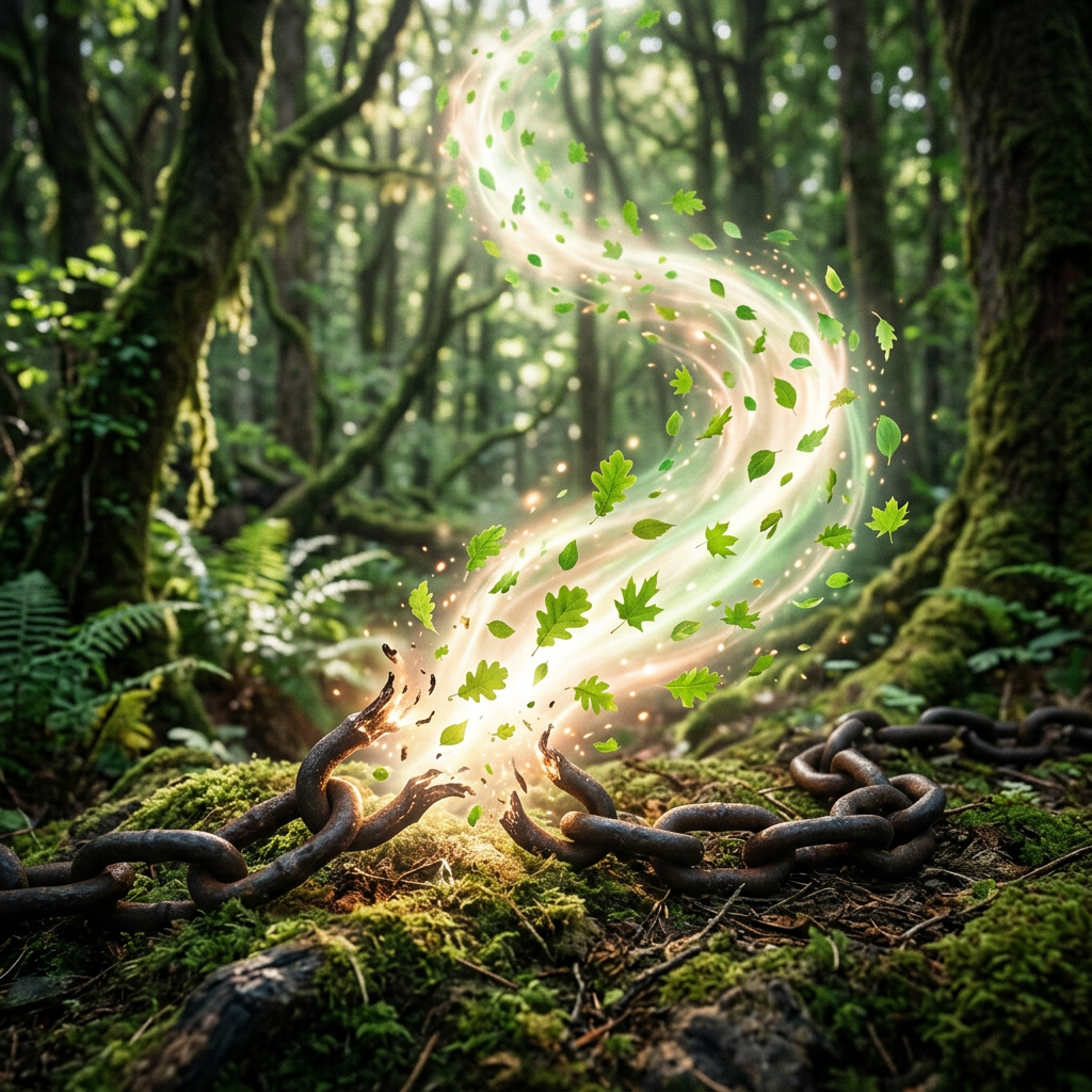 Rusty chains breaking with glowing green leaves swirling upward in forest
