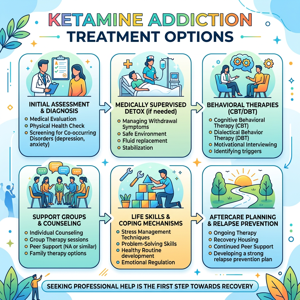 Flowchart of ketamine addiction treatment options including assessment, detox, therapy, support groups, life skills, aftercare