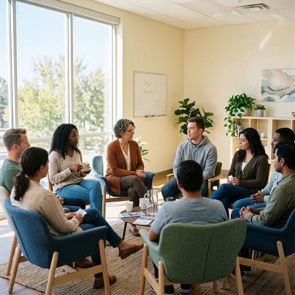 Drug rehab group therapy session in bright room Ketamine Addiction Rehab Treatment
