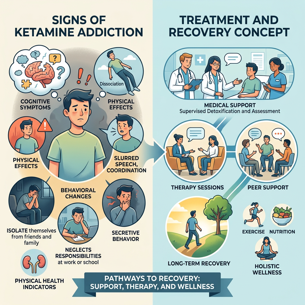 Signs of ketamine addiction including cognitive symptoms, physical effects, behavioral changes, and treatment and recovery options like medical support, therapy, and wellness.