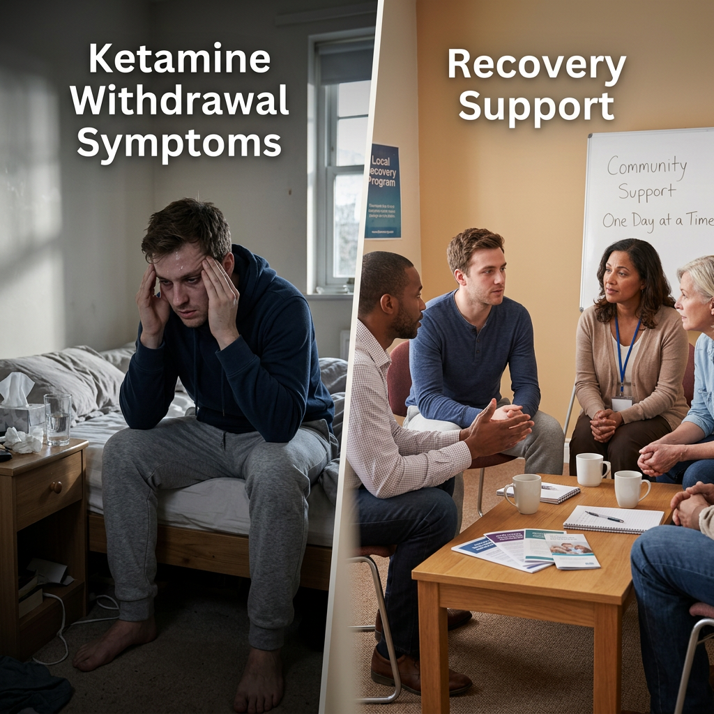 Man experiencing ketamine withdrawal symptoms sitting on bed and a support group meeting for recovery