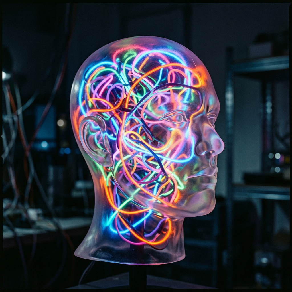 Translucent human head sculpture with colorful neon light tubes