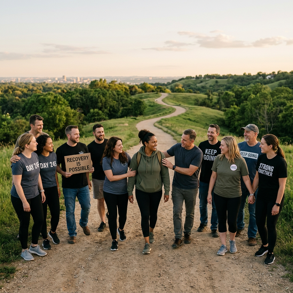 Group of people walking on path outdoors with recovery and encouragement shirts and signs