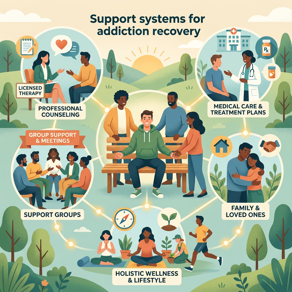 Support systems for addiction recovery including professional counseling, medical care, support groups, family support, and holistic wellness.