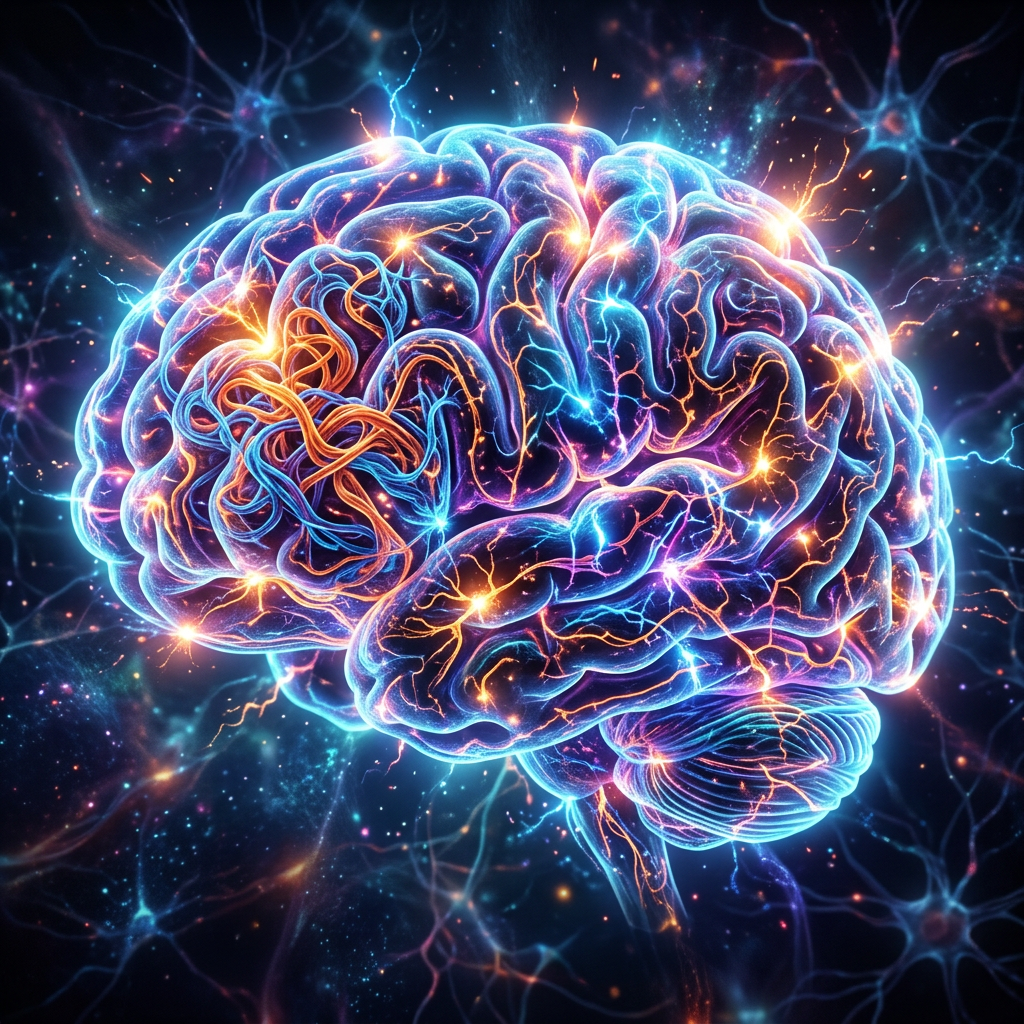 Human brain with glowing neural pathways and electrical impulses