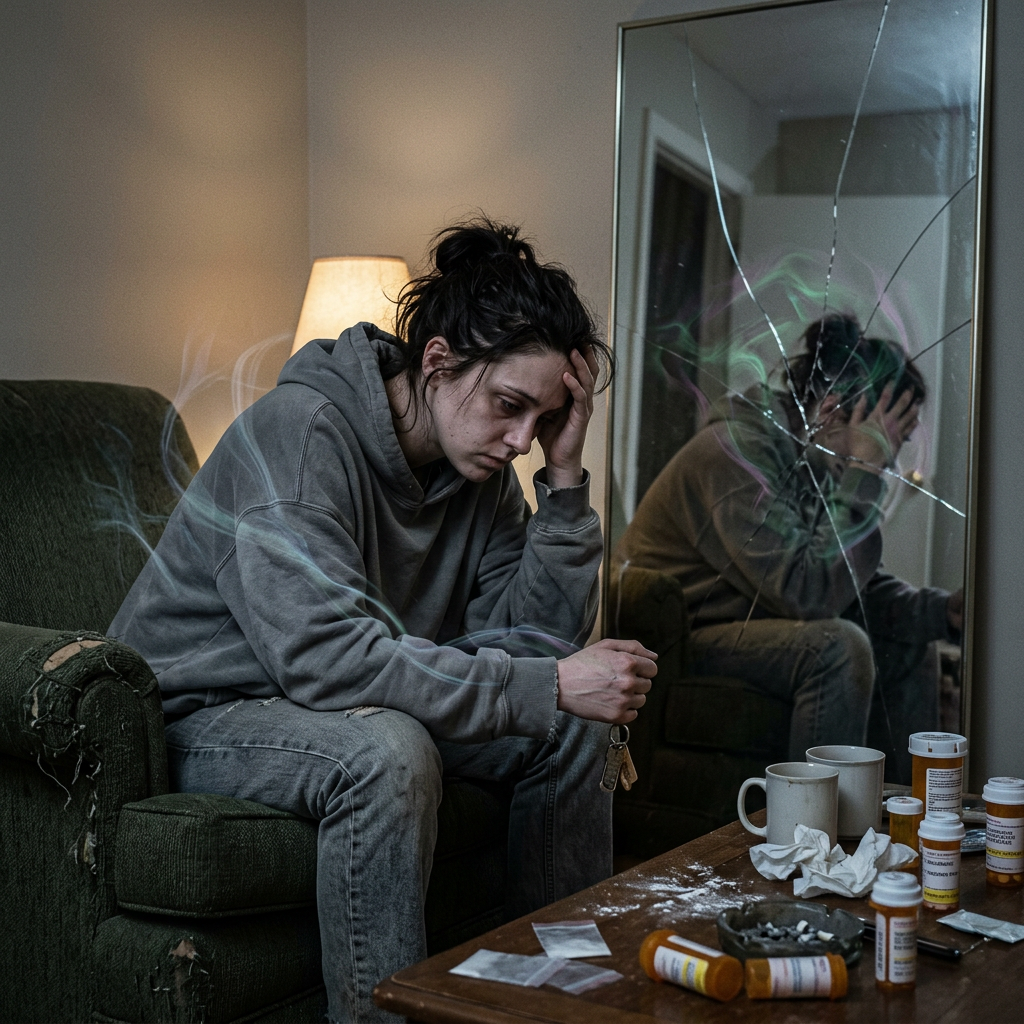 Young woman in hoodie sitting on worn armchair holding keys with broken mirror and prescription bottles on table