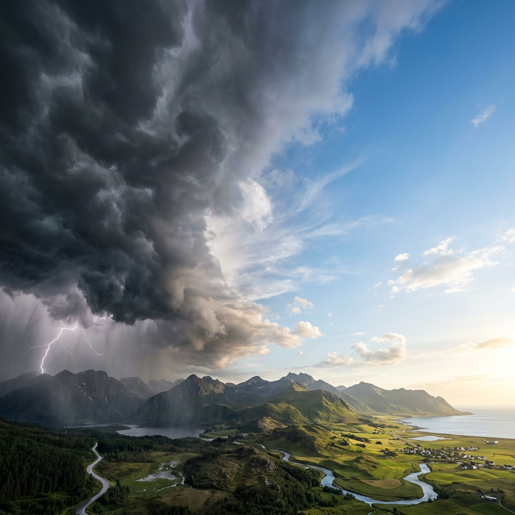 Coastal mountains with dark storm clouds, lightning, and a winding river under clear sky