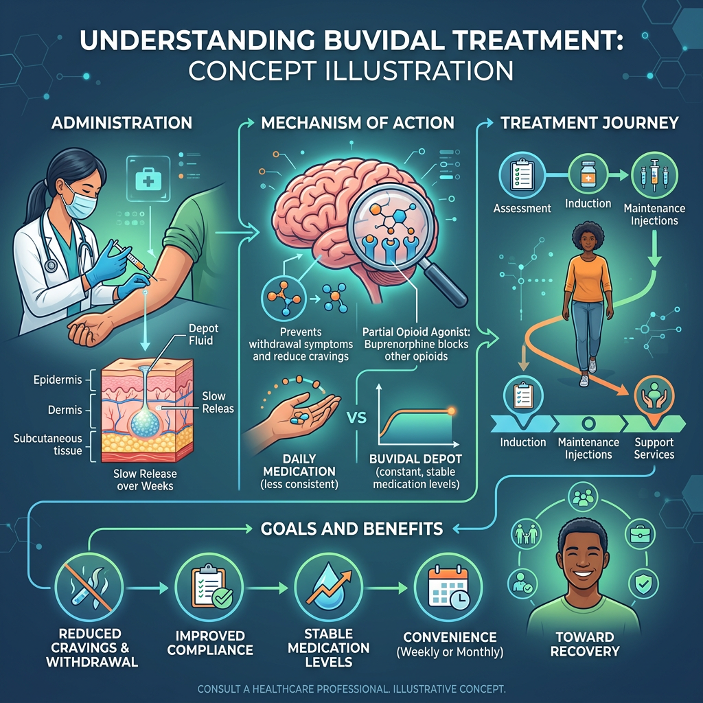 Infographic showing Buvidal treatment administration by injection, its brain mechanism, patient treatment journey, and goals and benefits.