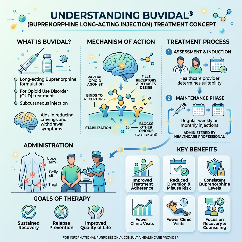 Infographic explaining Buvidal long-acting buprenorphine injection for opioid use disorder, treatment steps, administration sites, mechanism, goals, and benefits.