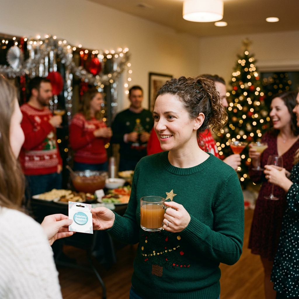 A woman in a green Christmas sweater holding a drink, interacting at a holiday party with others in festive attire near a decorated Christmas tree.