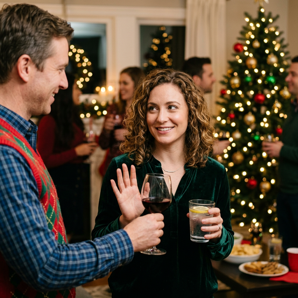 A man and woman holding drinks and chatting at a Christmas party with decorated tree in background Staying sober at social events