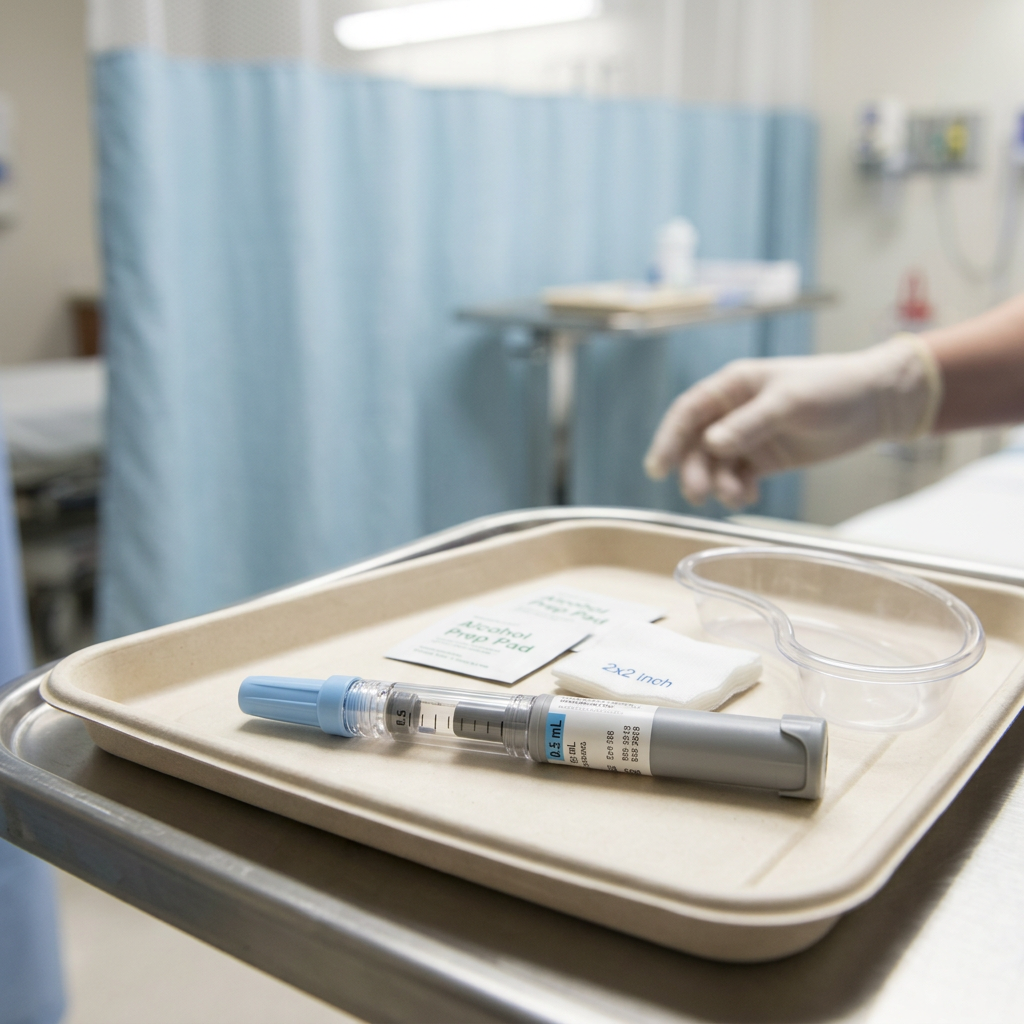 Pre-filled injection device on clinical tray