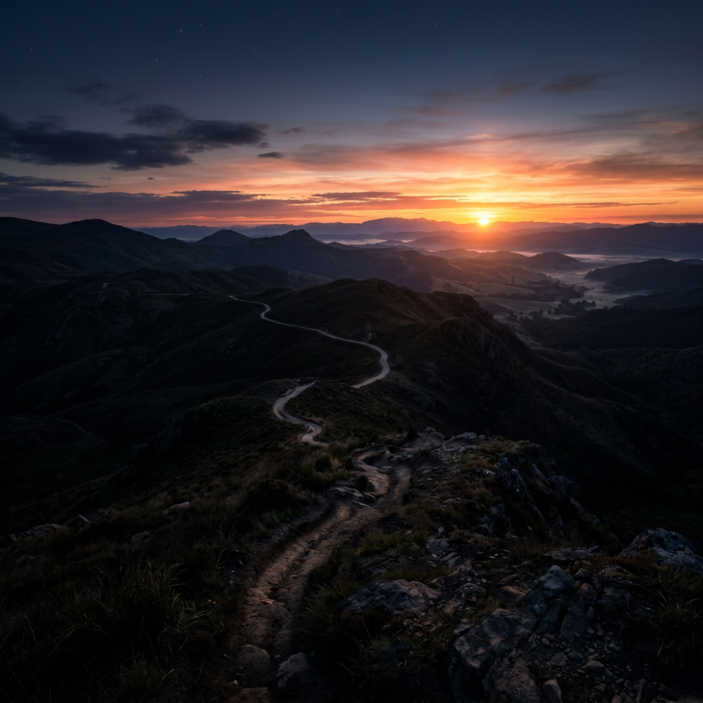 Winding path from darkness to sunrise horizon
