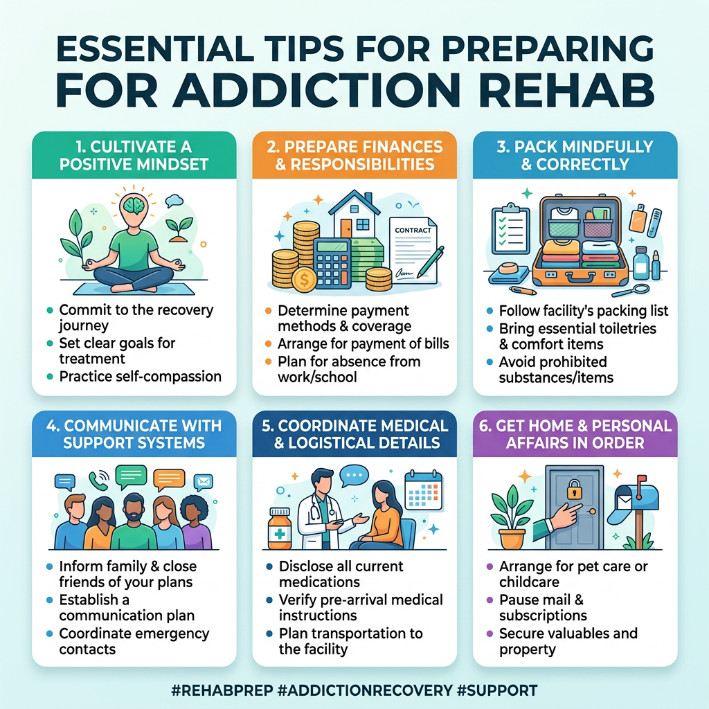 Infographic listing six tips for preparing for addiction rehab including mindset, finances, packing, support communication, medical coordination, and personal affairs.