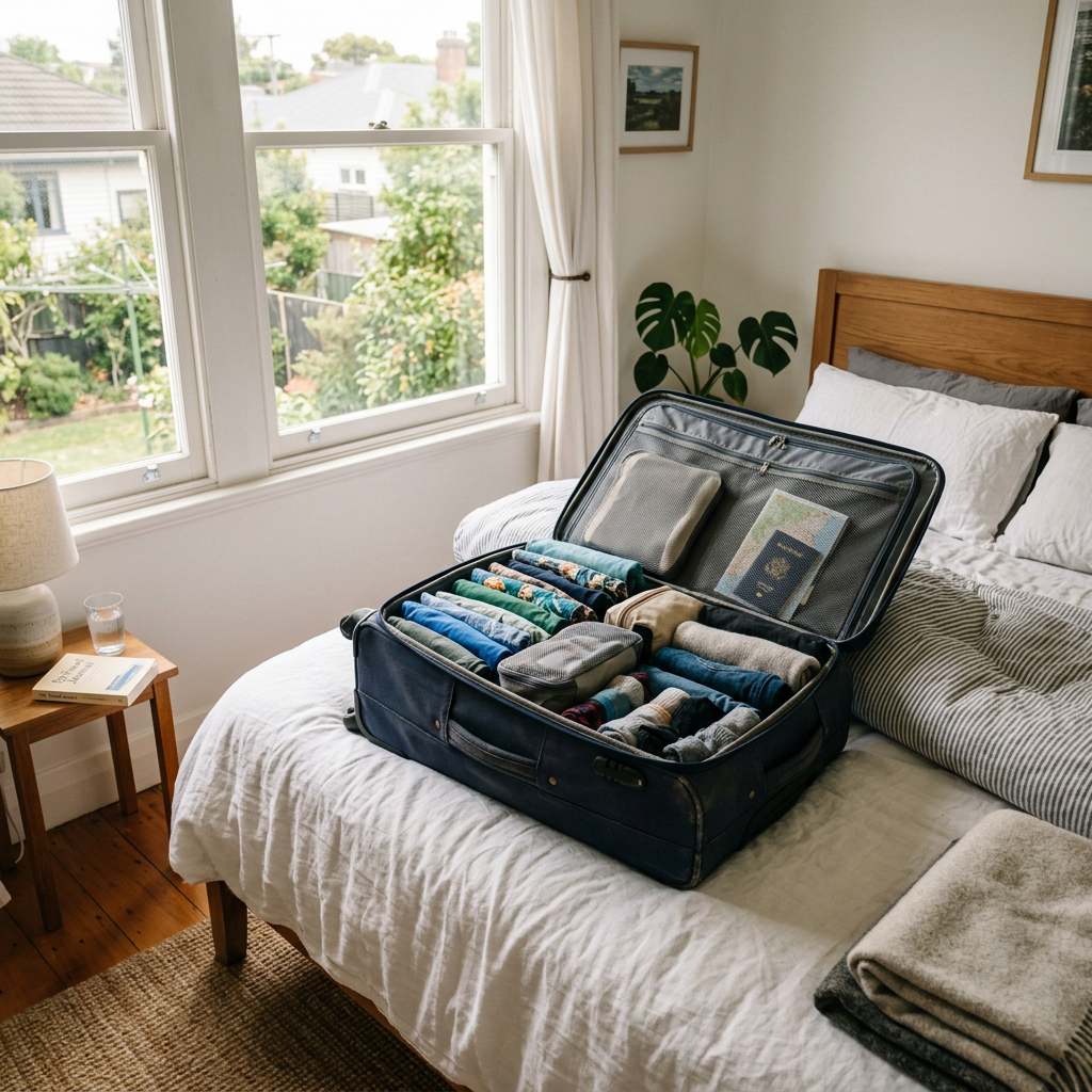 Open suitcase with neatly packed clothes and travel essentials on bed
