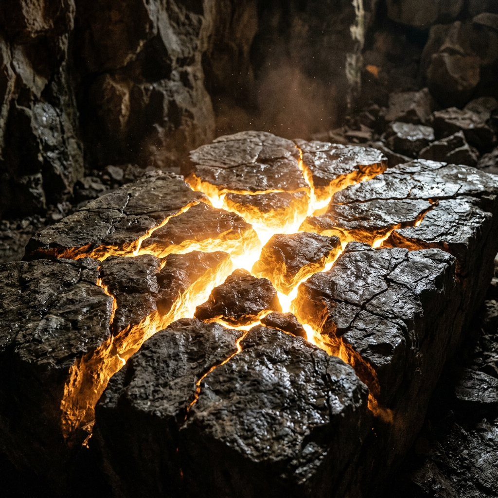 Cracked volcanic rock with bright orange molten lava glowing through fissures