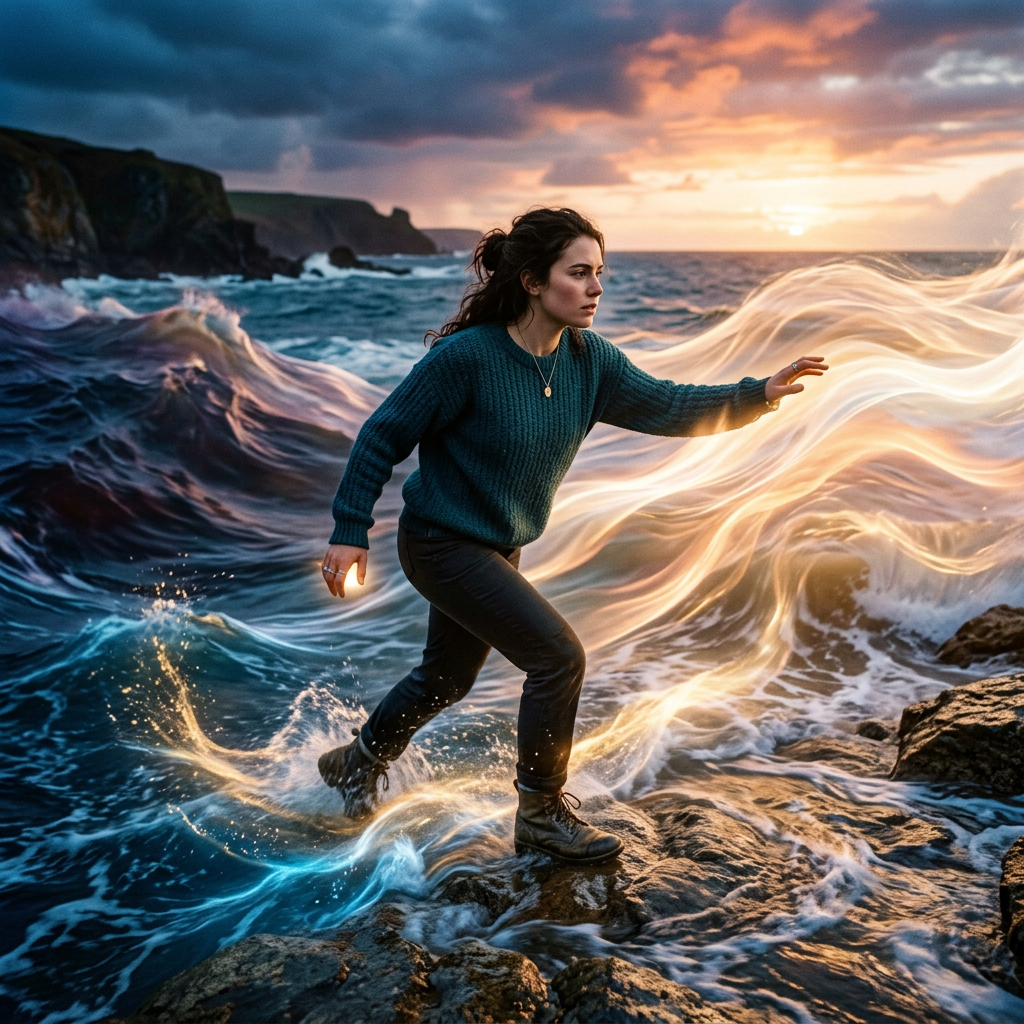 Woman walking on rocky shore with glowing light trails blending with ocean waves at sunset The science of cravings in drug addiction
