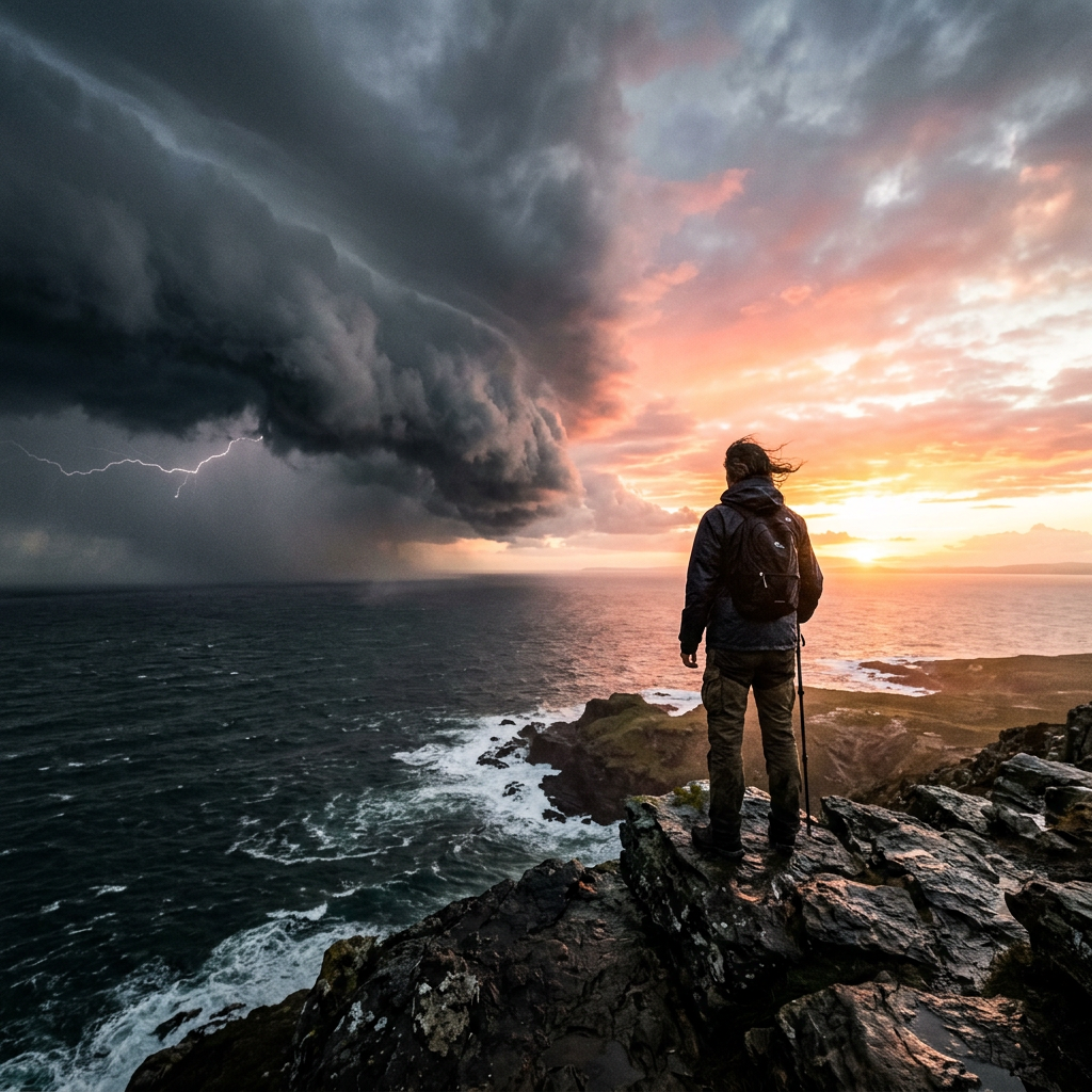 Person with backpack standing on rocky cliff overlooking ocean with lightning and dark clouds