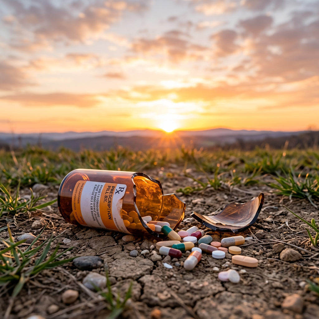 Broken amber prescription bottle with pills scattered on dirt and grass under a sunset sky