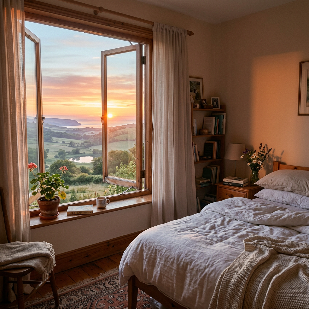 Bedroom with an open window showing a sunset over hills and fields