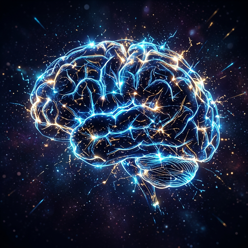 Digital illustration of a brain with illuminated neural connections and synapses