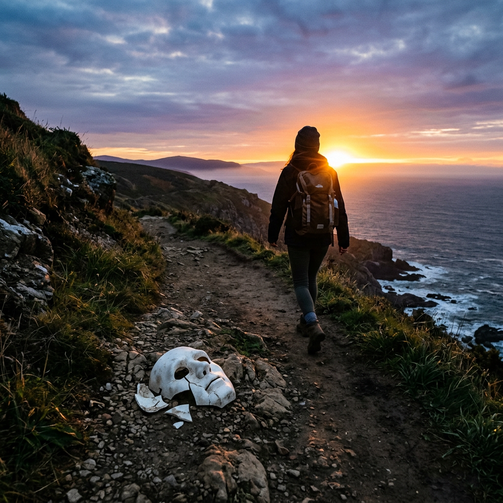 Woman hiking on rocky coastal trail at sunset with broken skull on ground