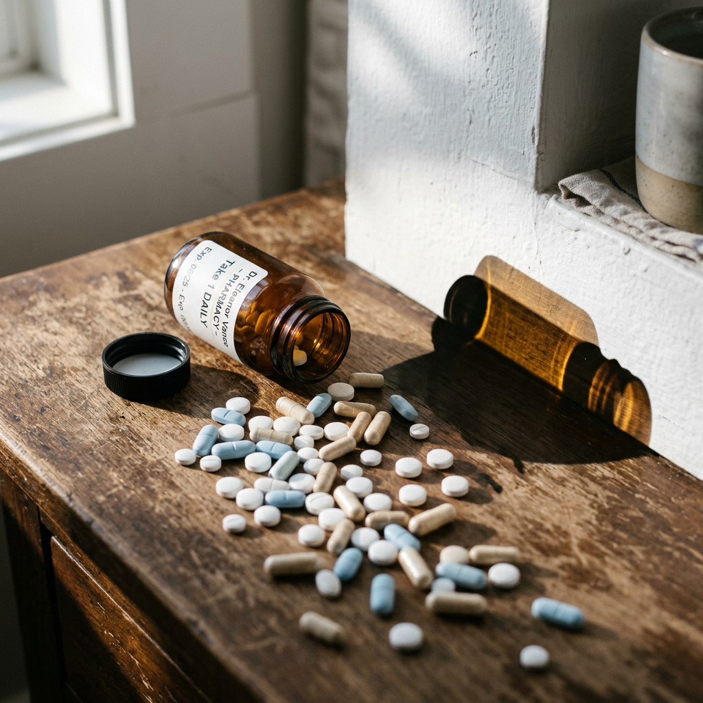 Open brown prescription pill bottle with white, blue, and beige pills scattered on a wooden table Alcohol and Drug Treatment