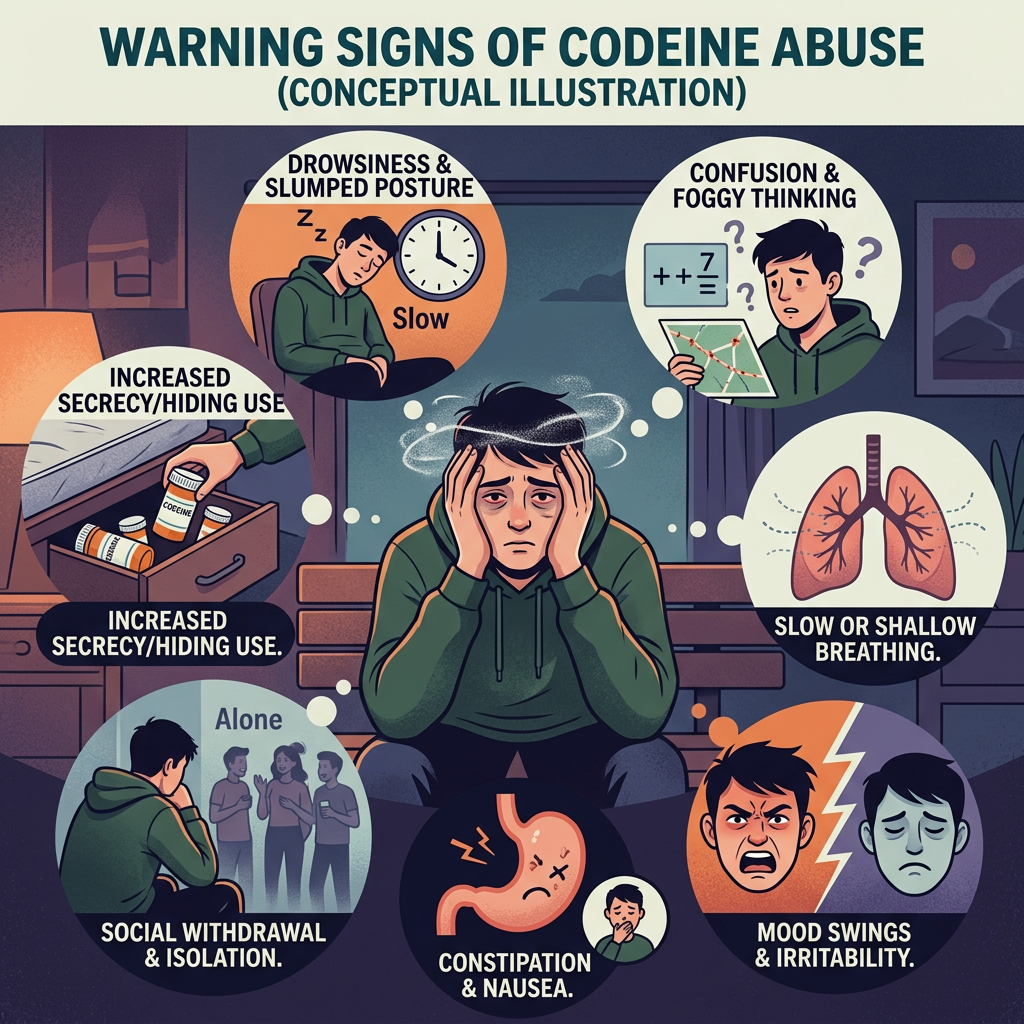 Warning signs of codeine abuse concept