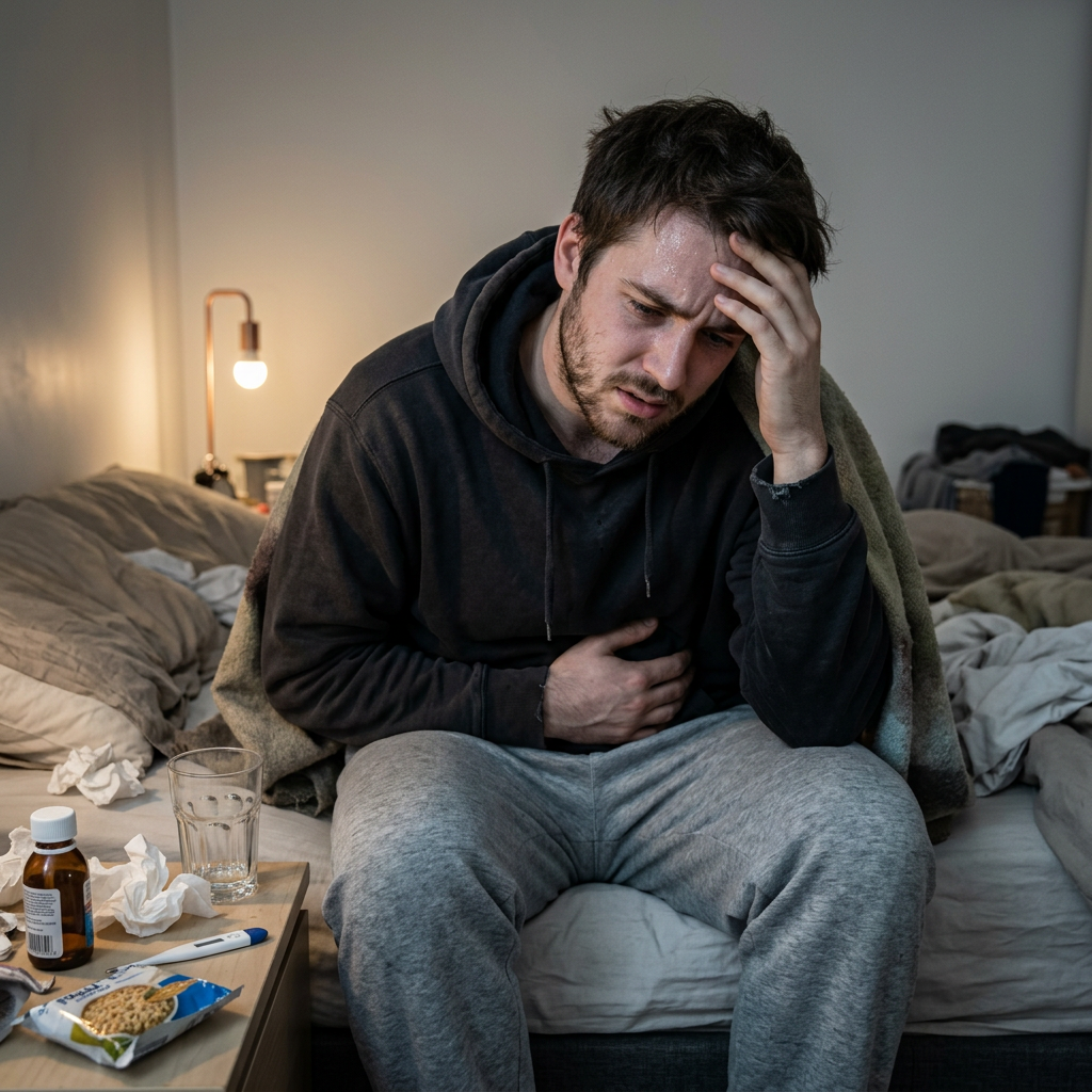 Man sitting on bed holding stomach and forehead looking sick with medicine and tissues nearby