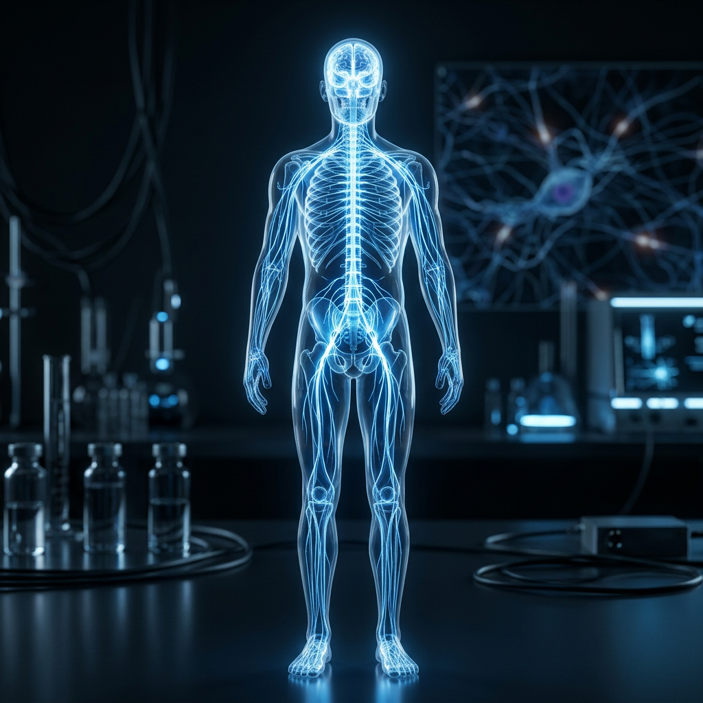 Transparent human silhouette with glowing nervous system