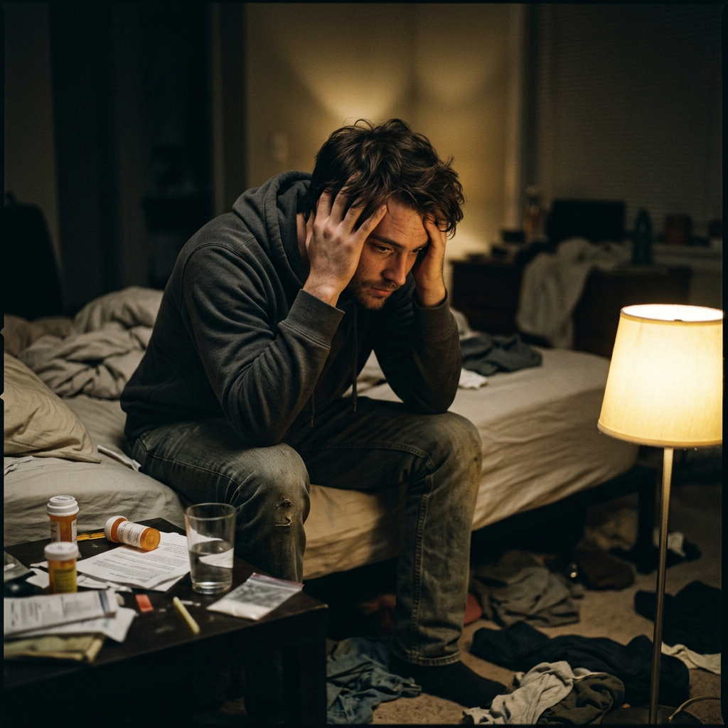 Man sitting on bed holding head with hands, surrounded by clutter and medication bottles.