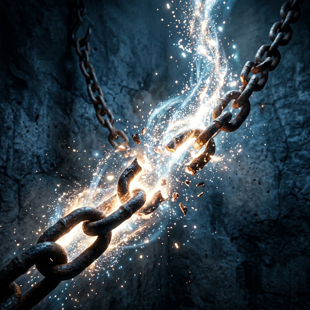 Rusty metal chain breaking with bright sparks and light effects