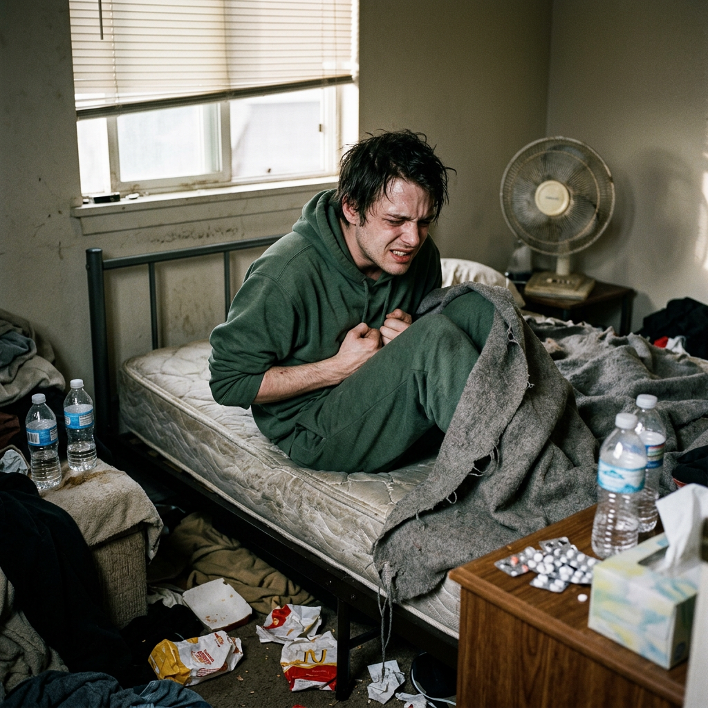 Man in green hoodie kneeling on a bed in distress amid cluttered room with water bottles and medication. The stages of addiction