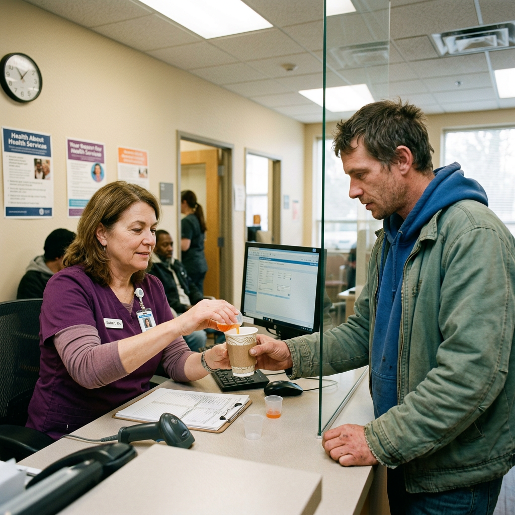 Nurse giving medication cup to man at clinic reception.