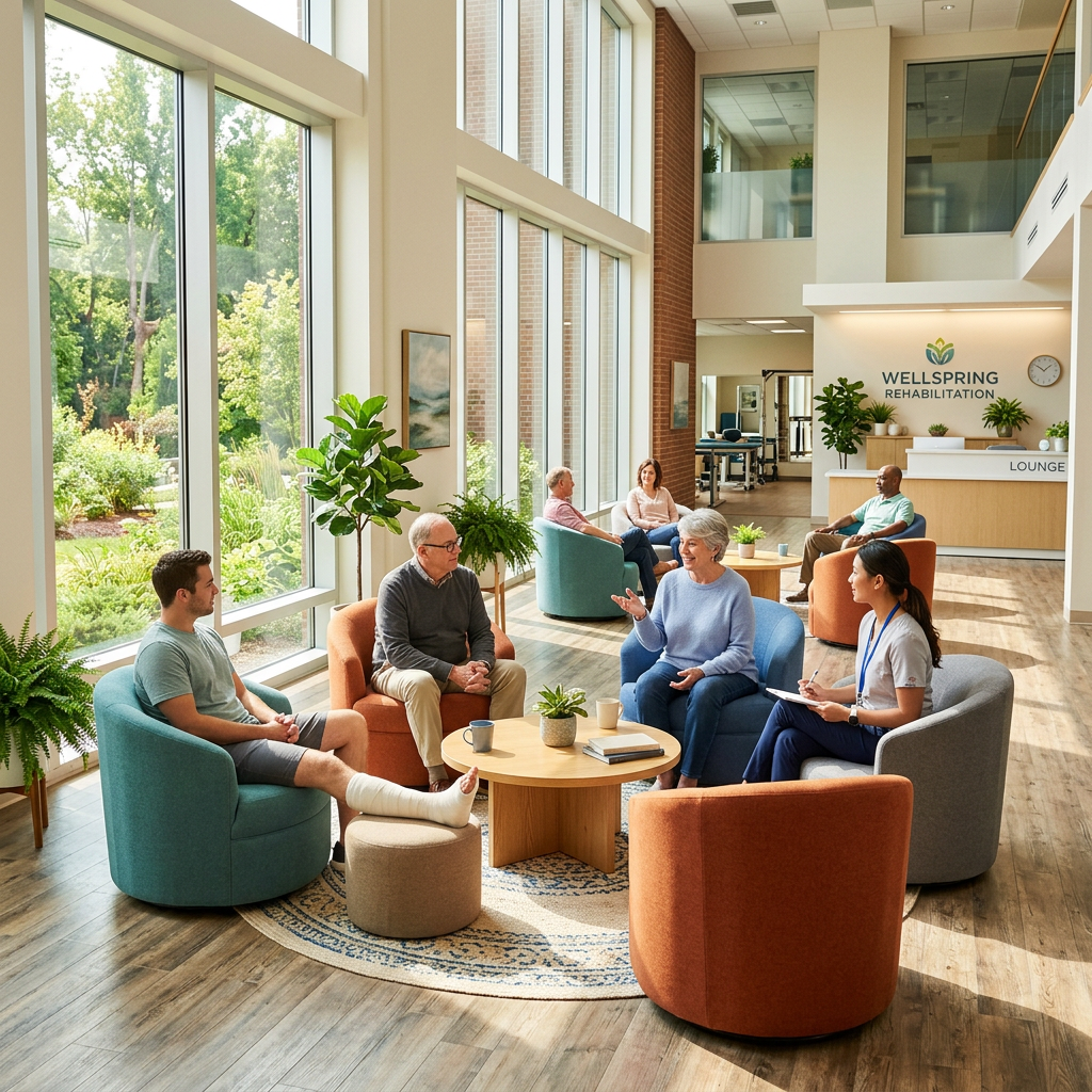 Group of rehabilitation patients and a staff member sitting and talking in a bright lounge area with large windows
