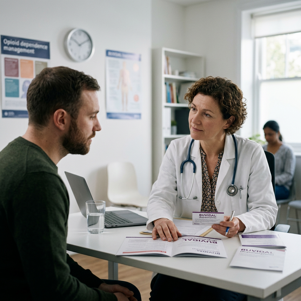 Doctor showing opioid treatment brochures and medication info to a male patient