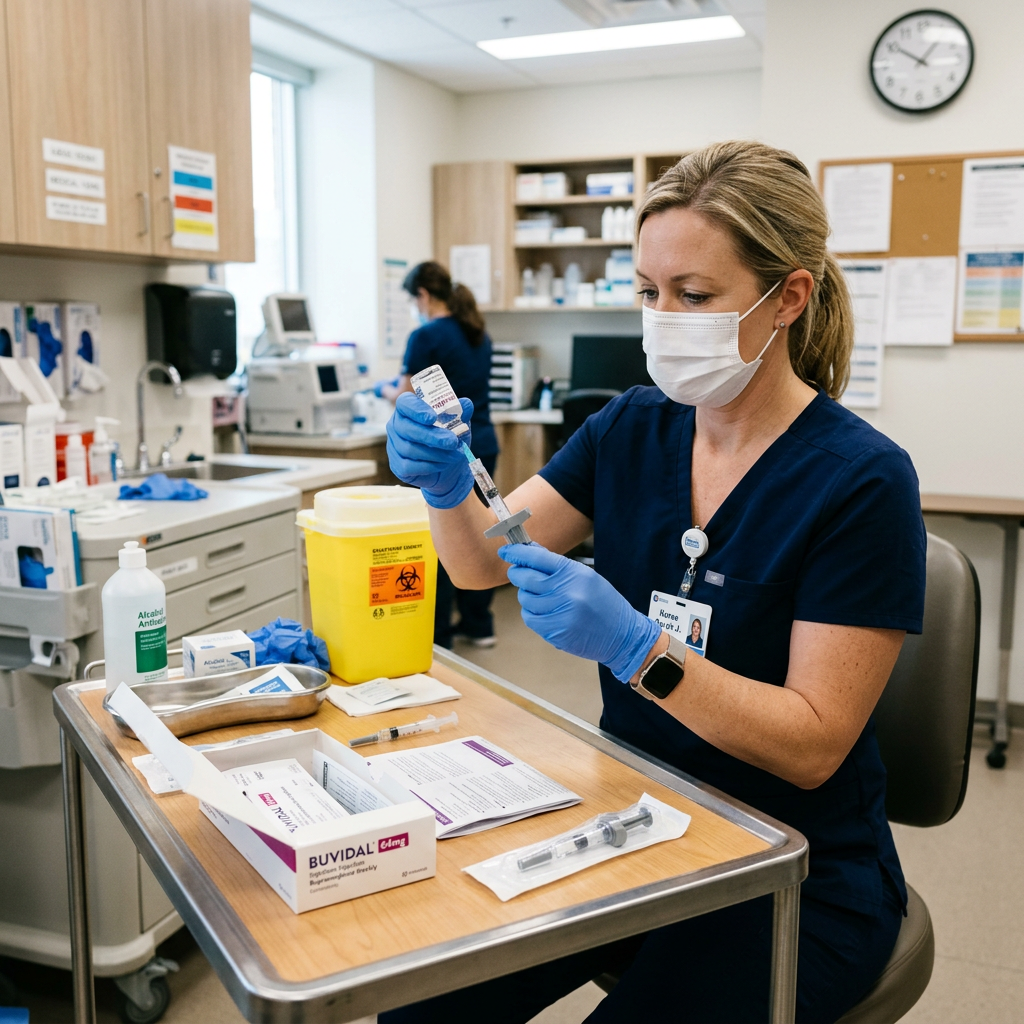Nurse wearing mask and gloves preparing vaccine injection