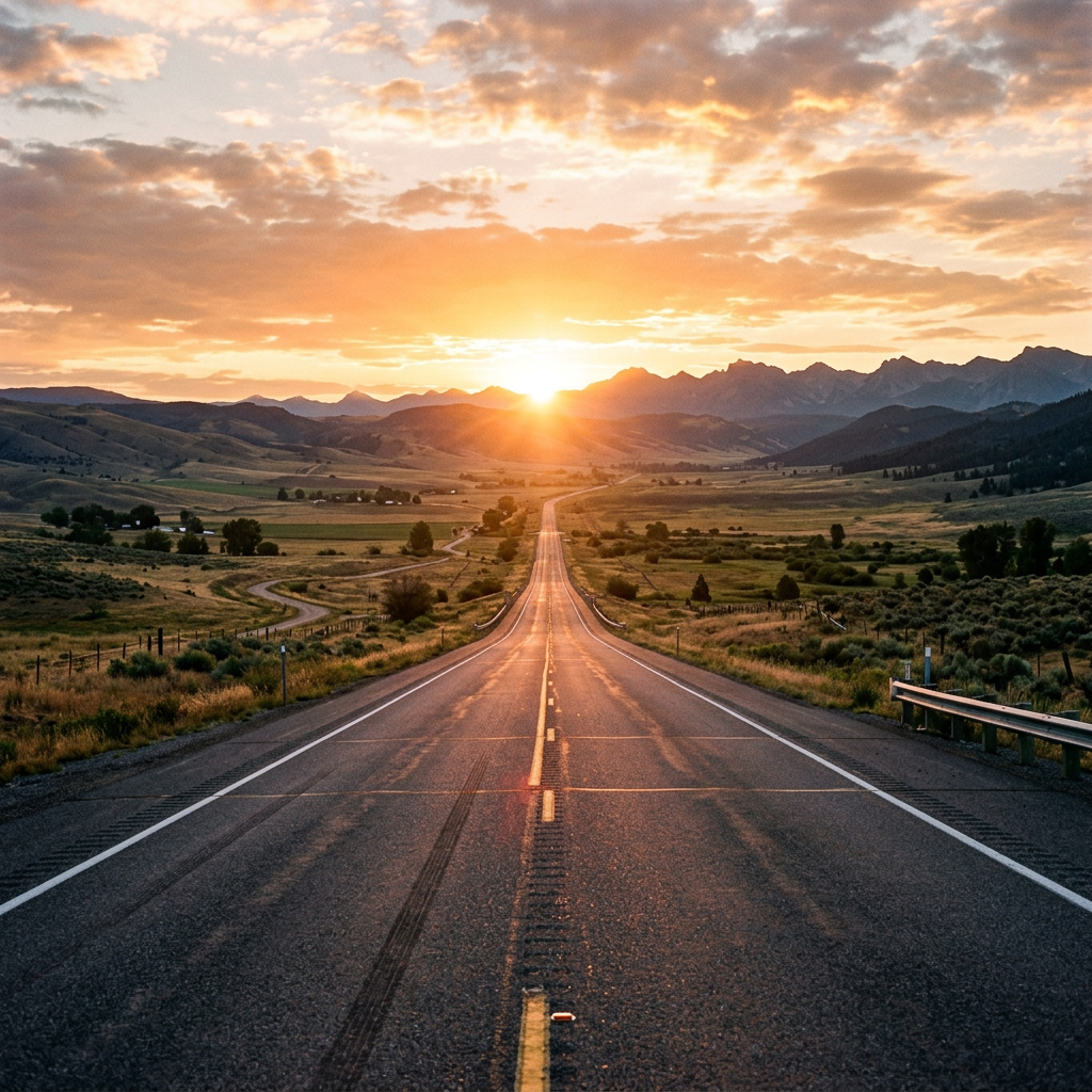Open highway extending straight into distance with sun setting behind mountains