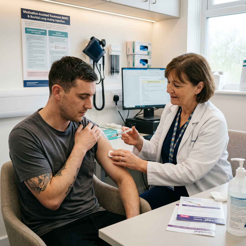 Healthcare professional administering vaccine injection to man's upper arm in medical office